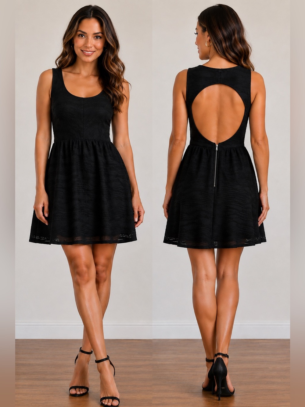 YA Los Angeles Black Open-Back Sleeveless Skater Scoop Neck Textured Lined Dress